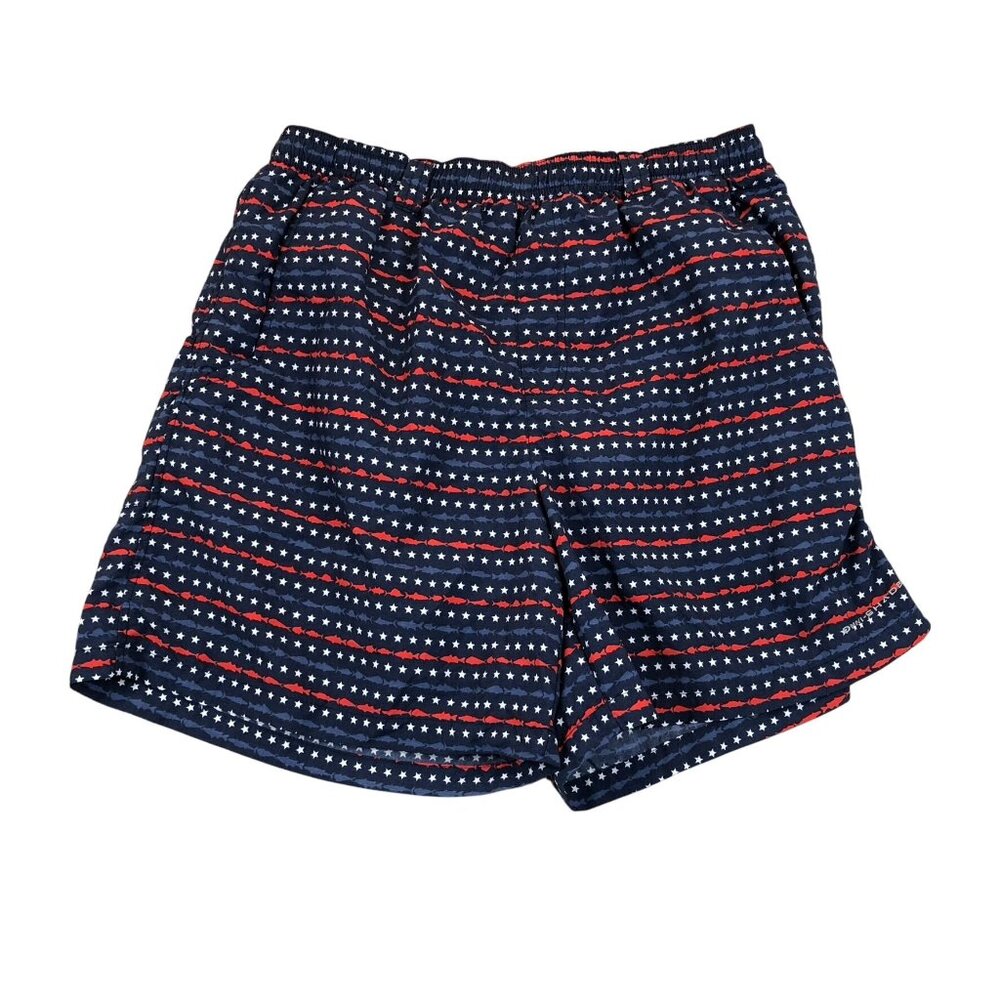Columbia PFG Mens Swim Board Shorts Medium Navy American Flag Star Pull On Beach